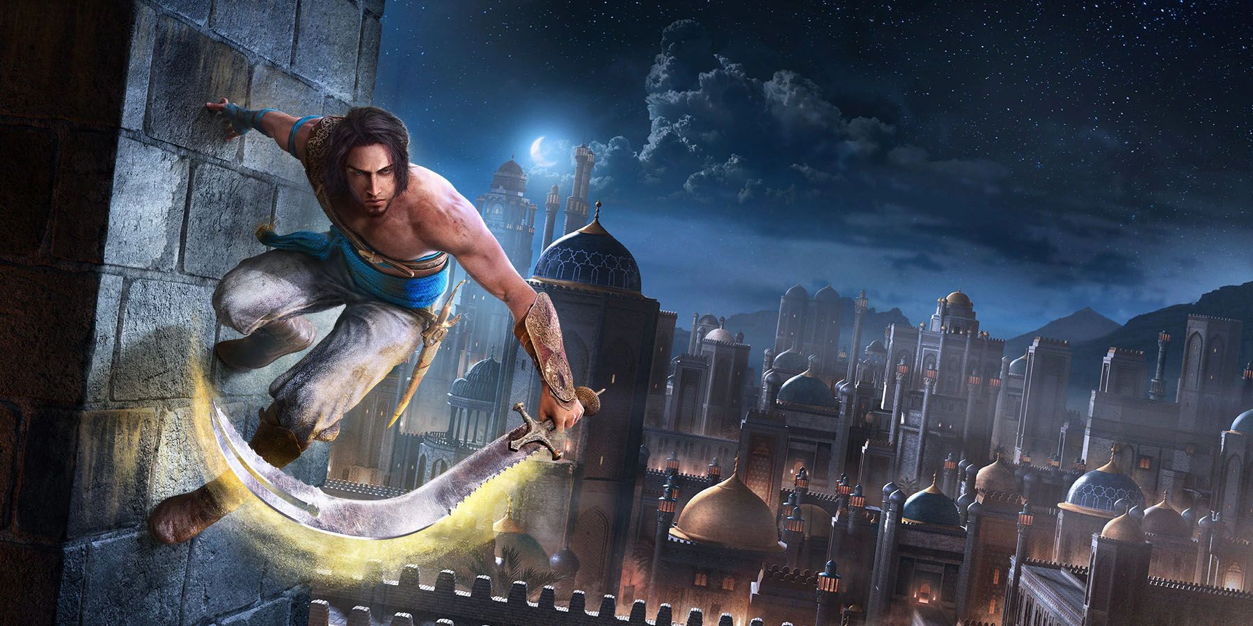 A promotional image of the Prince of Persia scalling a wall in front of a city at night.