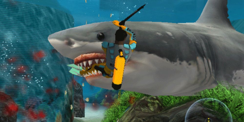 Promotional screenshot of Bruce eating a helpless diver in Jaws Unleashed