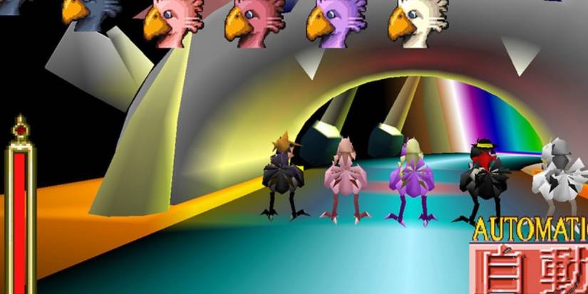 cloud preparing to race a black chocobo in a race at the gold saucer