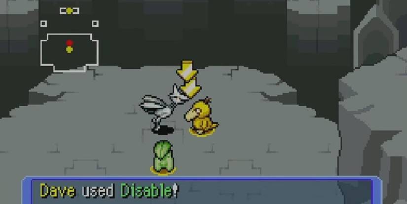 Psyduck and Chikorita fight a Skarmory inside a dungeon.