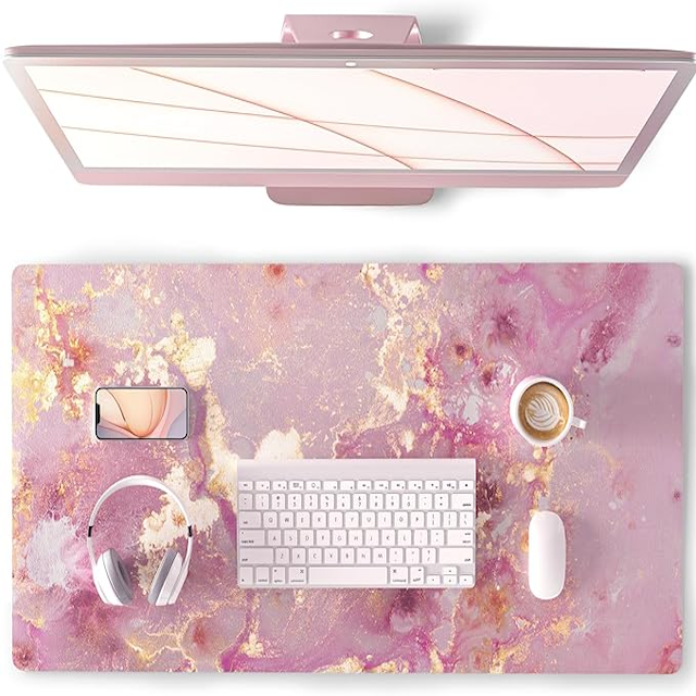 QIYI Rose Gold Marble Desk Mat along with monitor, keyboard, and other desk accessories