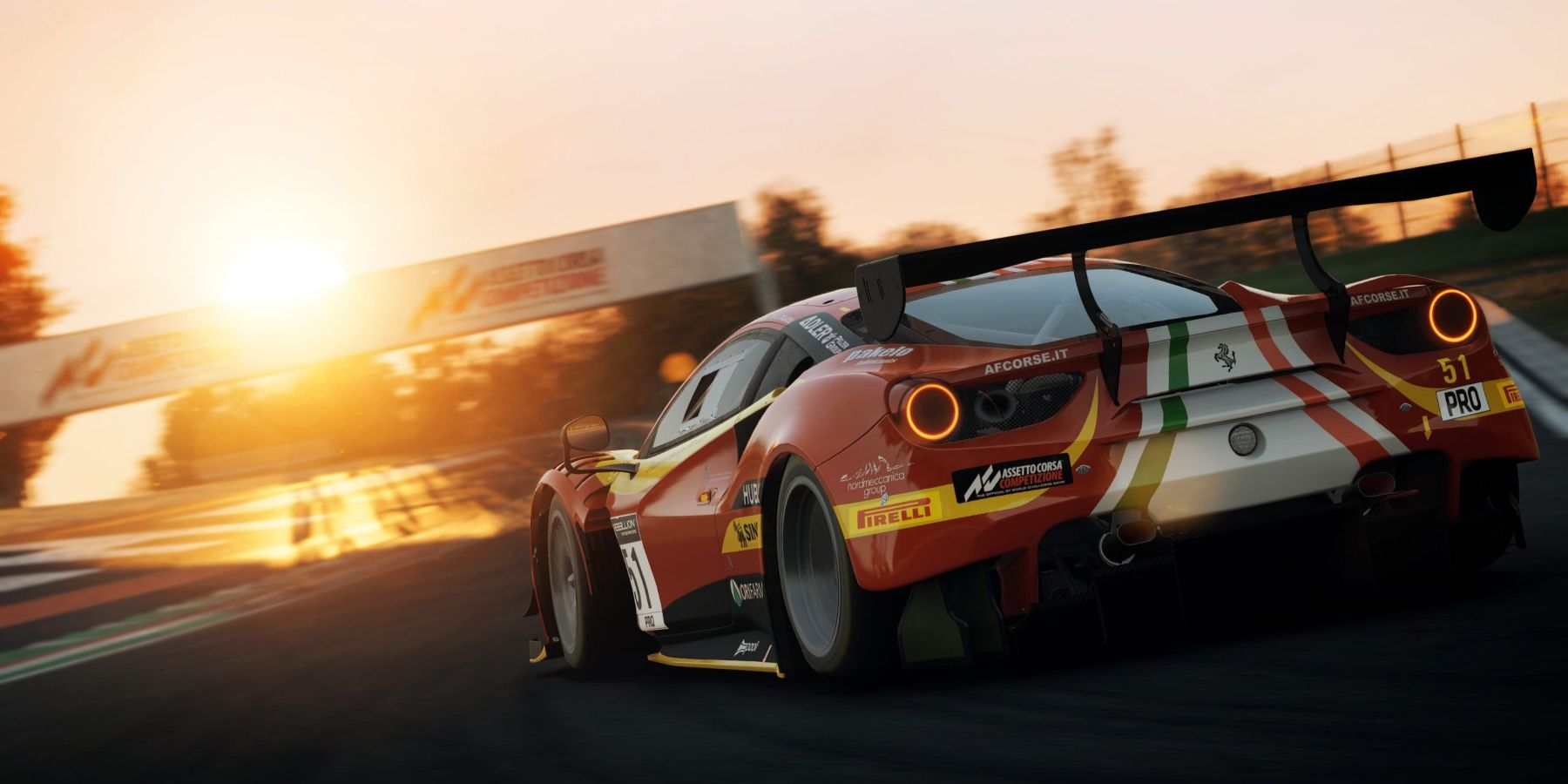 Racing Games With The Best Vehicle Customization thumbnail, car from Assetto Corsa drives into the sunset.