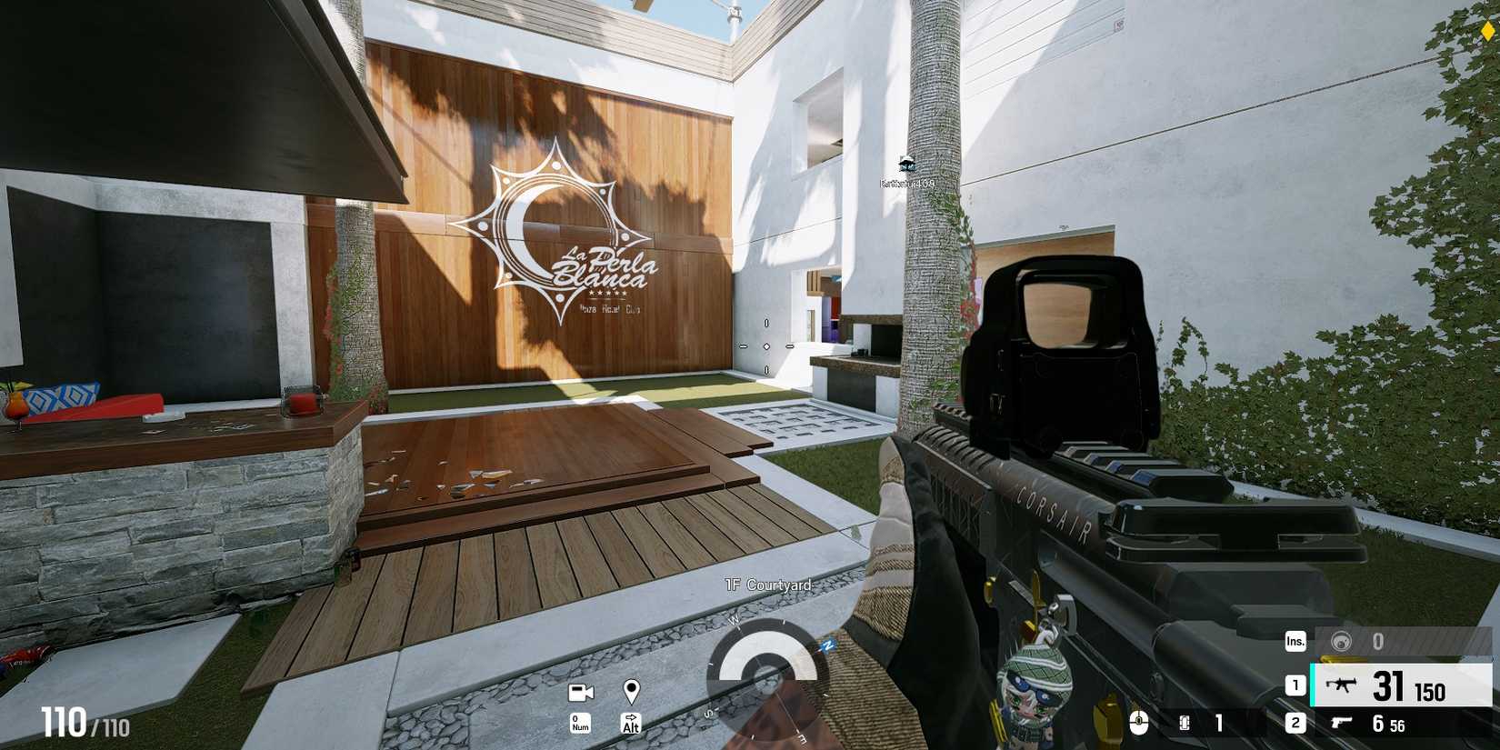 rainbow six siege valkyrie in coartyard with gun