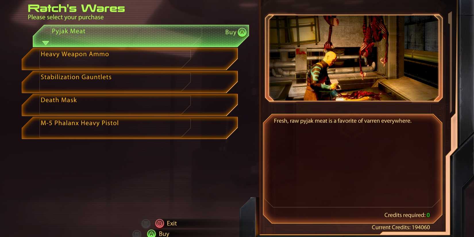 purchasing pyjak meat at ratch's wares in mass effect