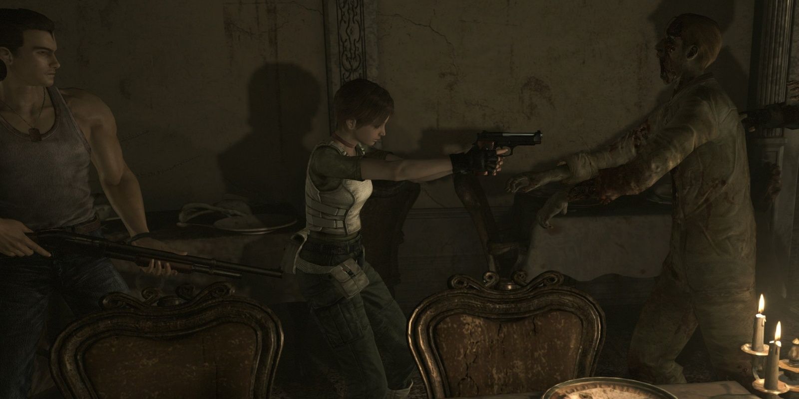 billy and rebecca shooting zombies in resident evil zero