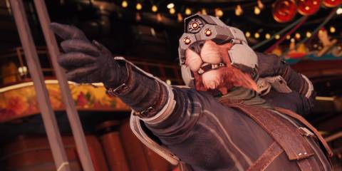 Red 13 pointing in shinra uniform 