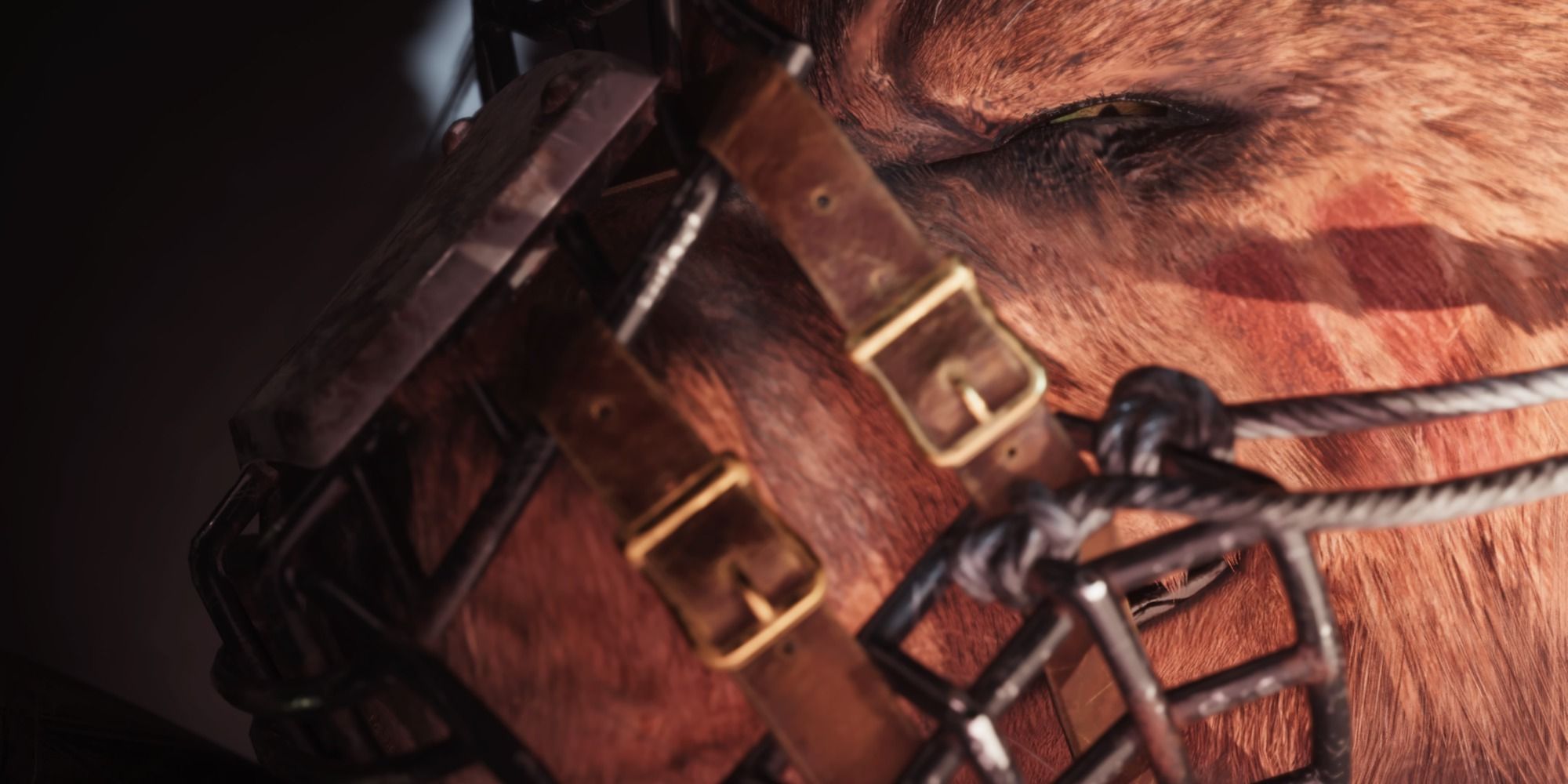 Closeup of Red XIII with a muzzle on