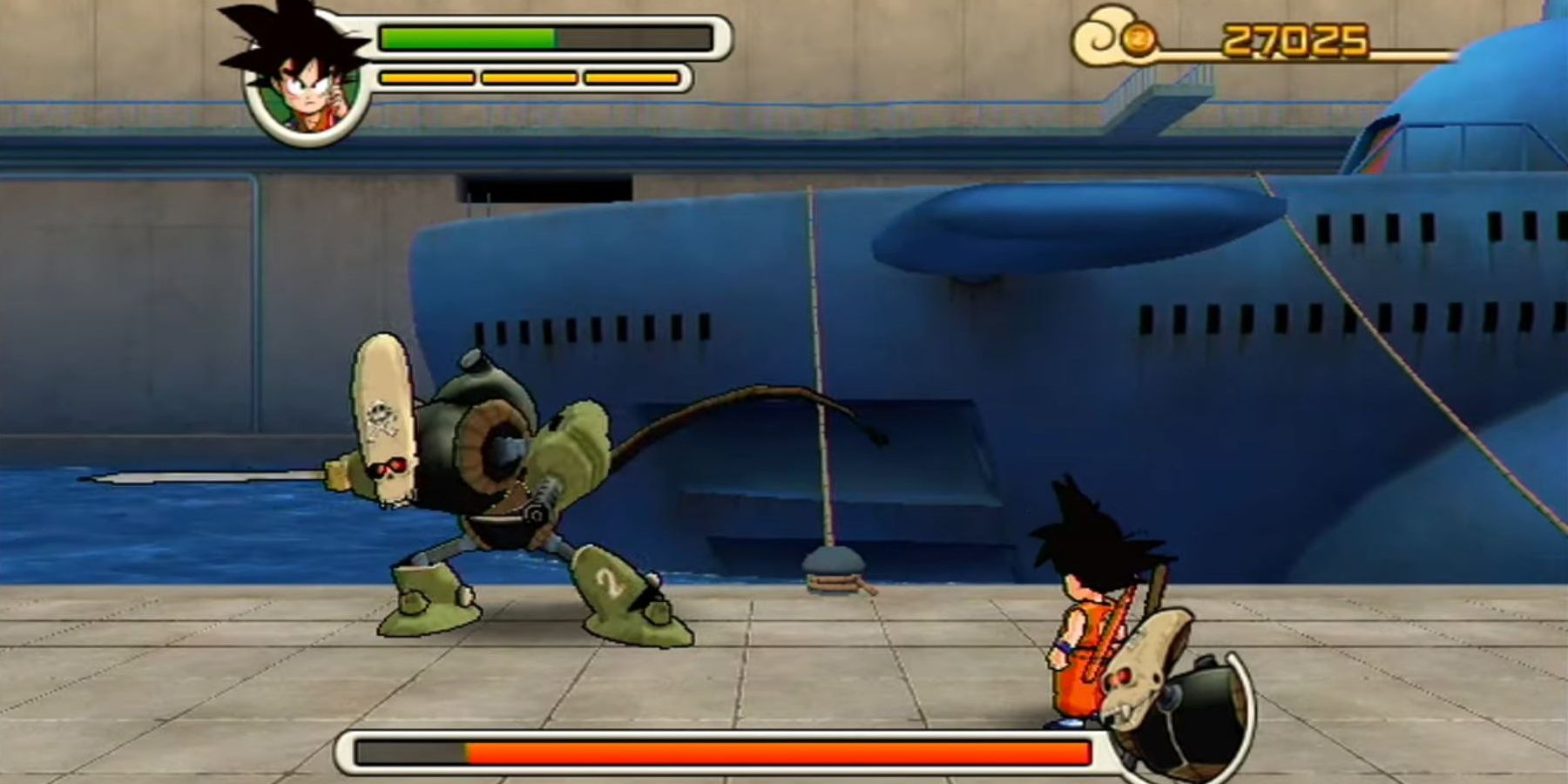 Goku Fighting Skull Robot On A Dock 
