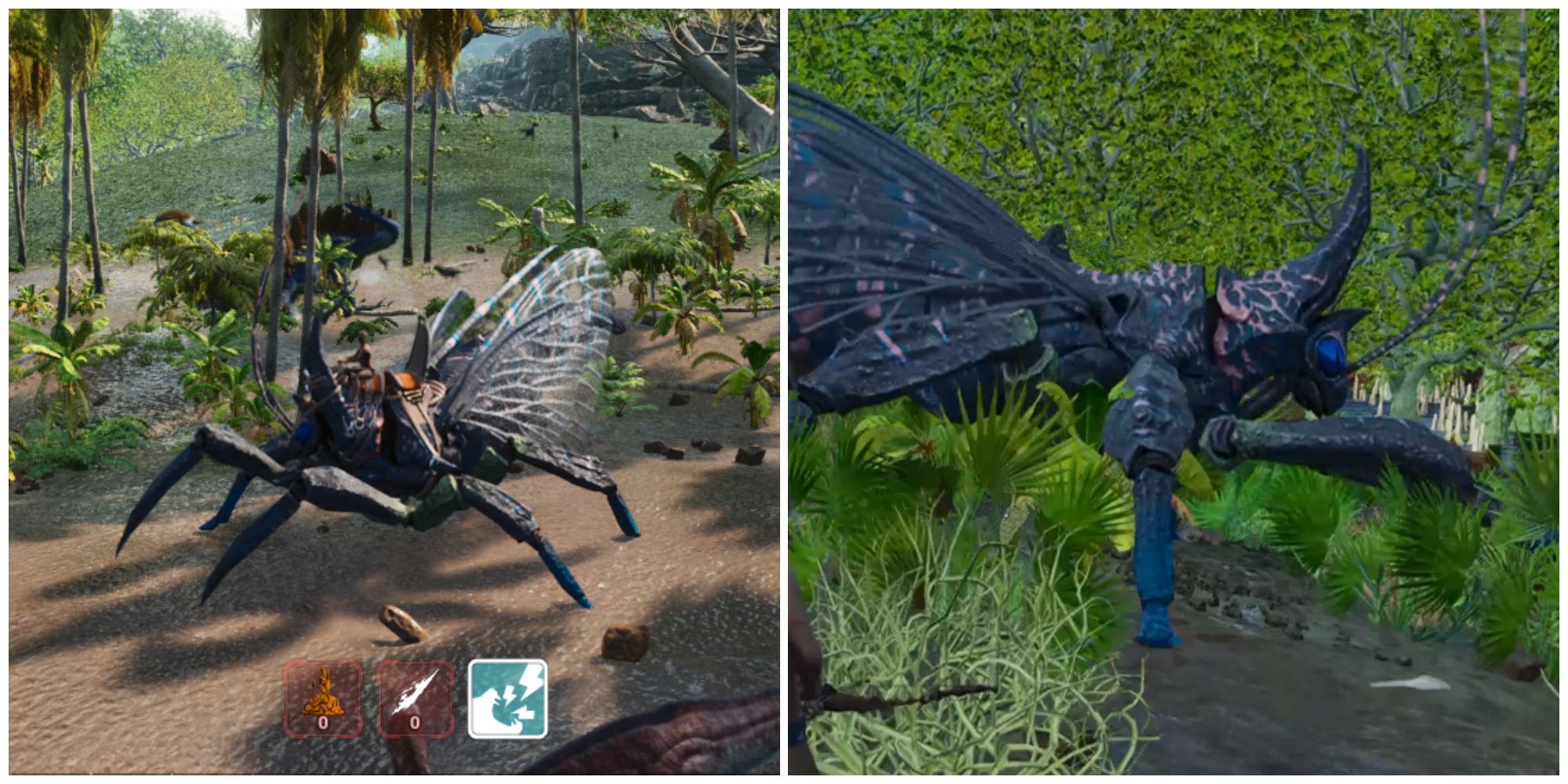 Split image of a Rhyniognatha being ridden and a recently tamed Rhyniognatha in Ark Survival Ascended