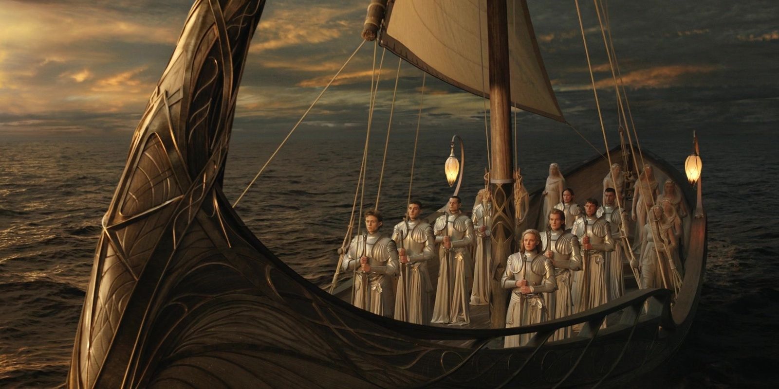 A ship sailing with Elves in white from Rings of Power