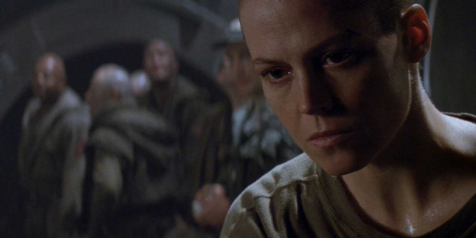 Close-up of Ellen Ripley contemplating her decision to nuke the colony