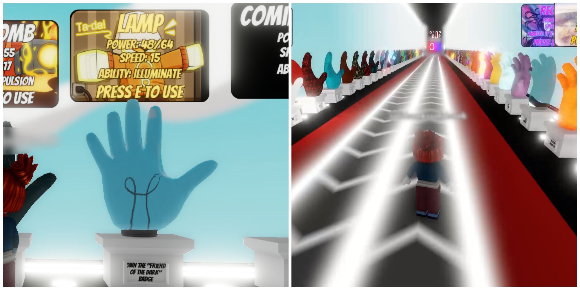 Split image of the Lamp glove and the lobby from Slap Battles in Roblox