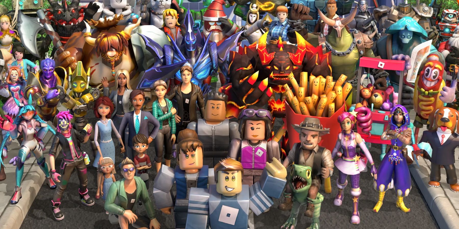 A screenshot showing multiple characters from different Roblox games.
