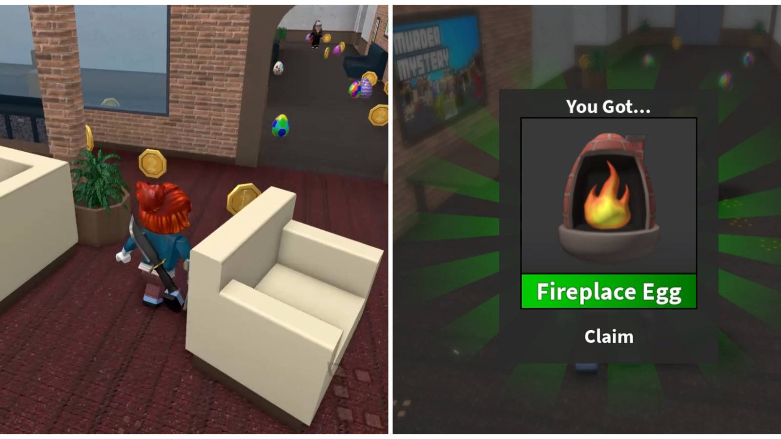 Split image of some regular eggs and the Fireplace Egg in Murder Mystery 2 in Roblox