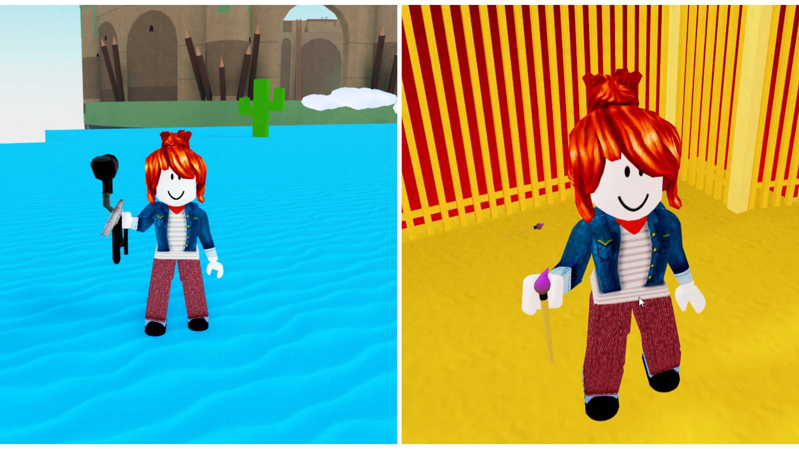 Split image of a character holding a paintgun and a character holding the paintbrush ingredient in Roblox Wacky Wizards