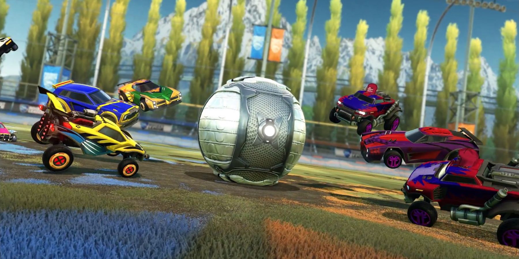 A screenshot from the reveal trailer for Rocket League's crossover with X-Men '97