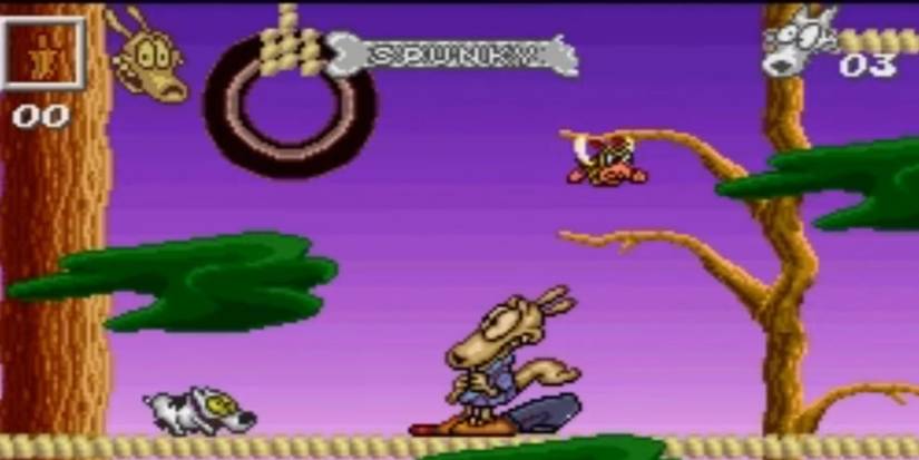 Rocko Standing In Front Of Spunky With Bug Flying Overhead