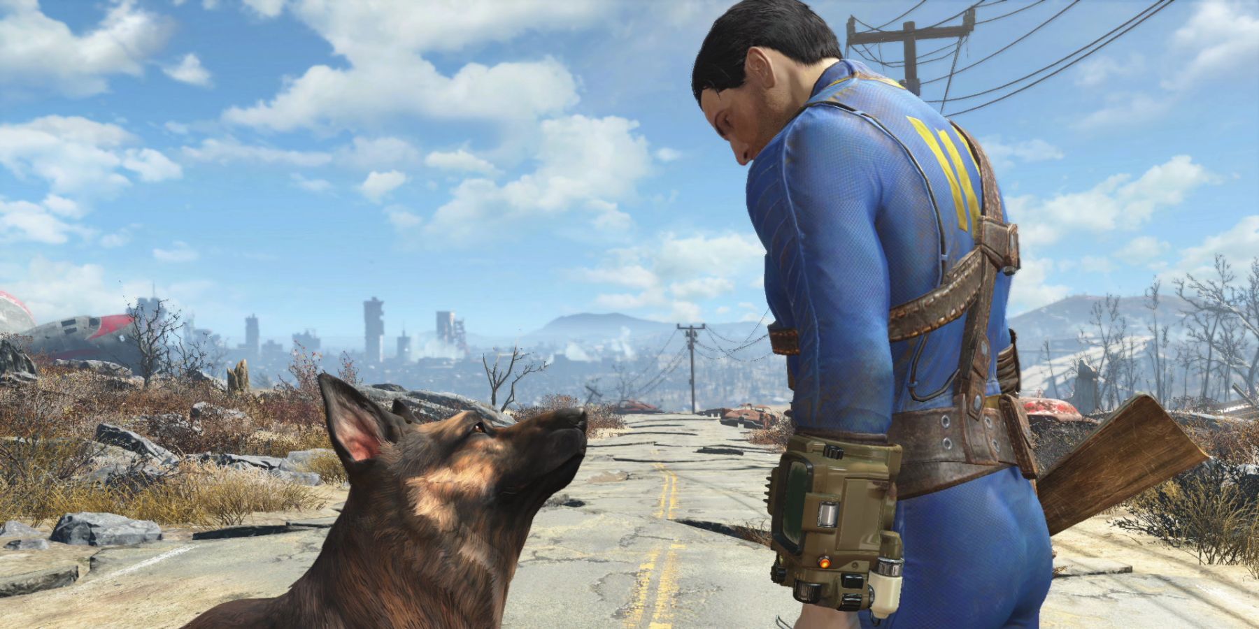 Fallout 4 character together with a dog