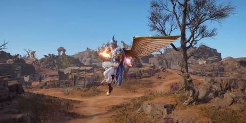 Naraka Bladepoint Hadi using aerial ascension to fly with fake wings