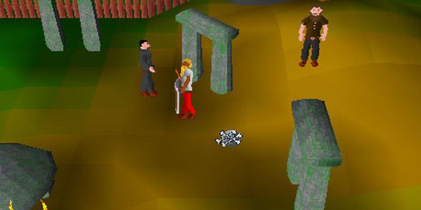 RuneScape Classic characters standing next to stone structures