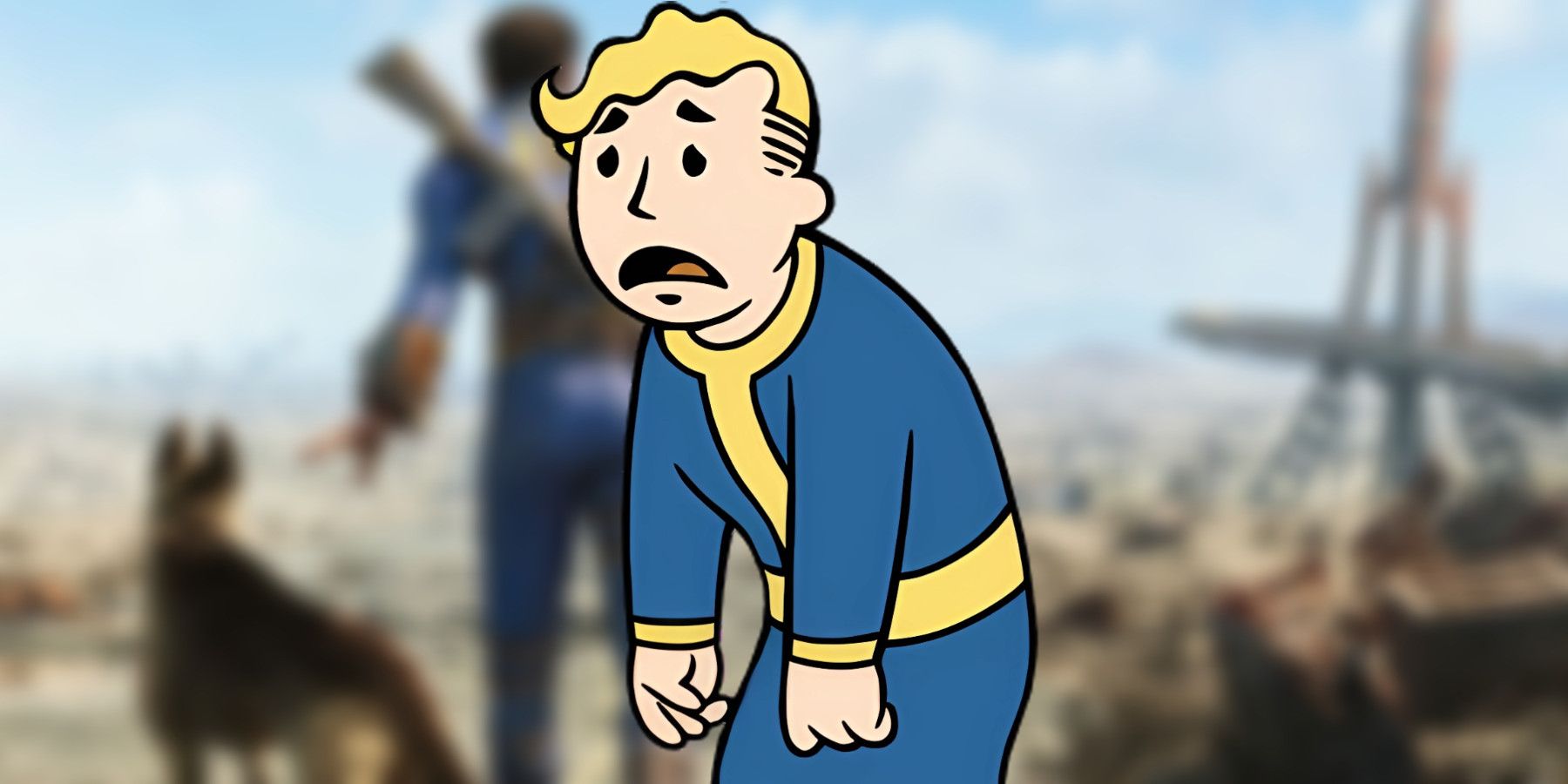 sad vault boy with fallout 4 background