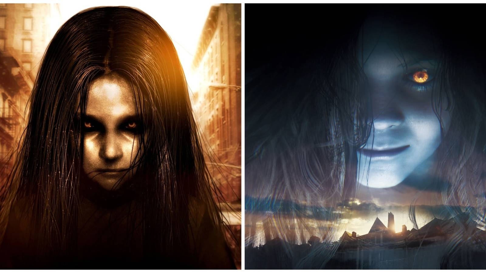 Collage featuring Alma Wade from F.E.A.R. (left) and Eveline from Resident Evil 7 (right)