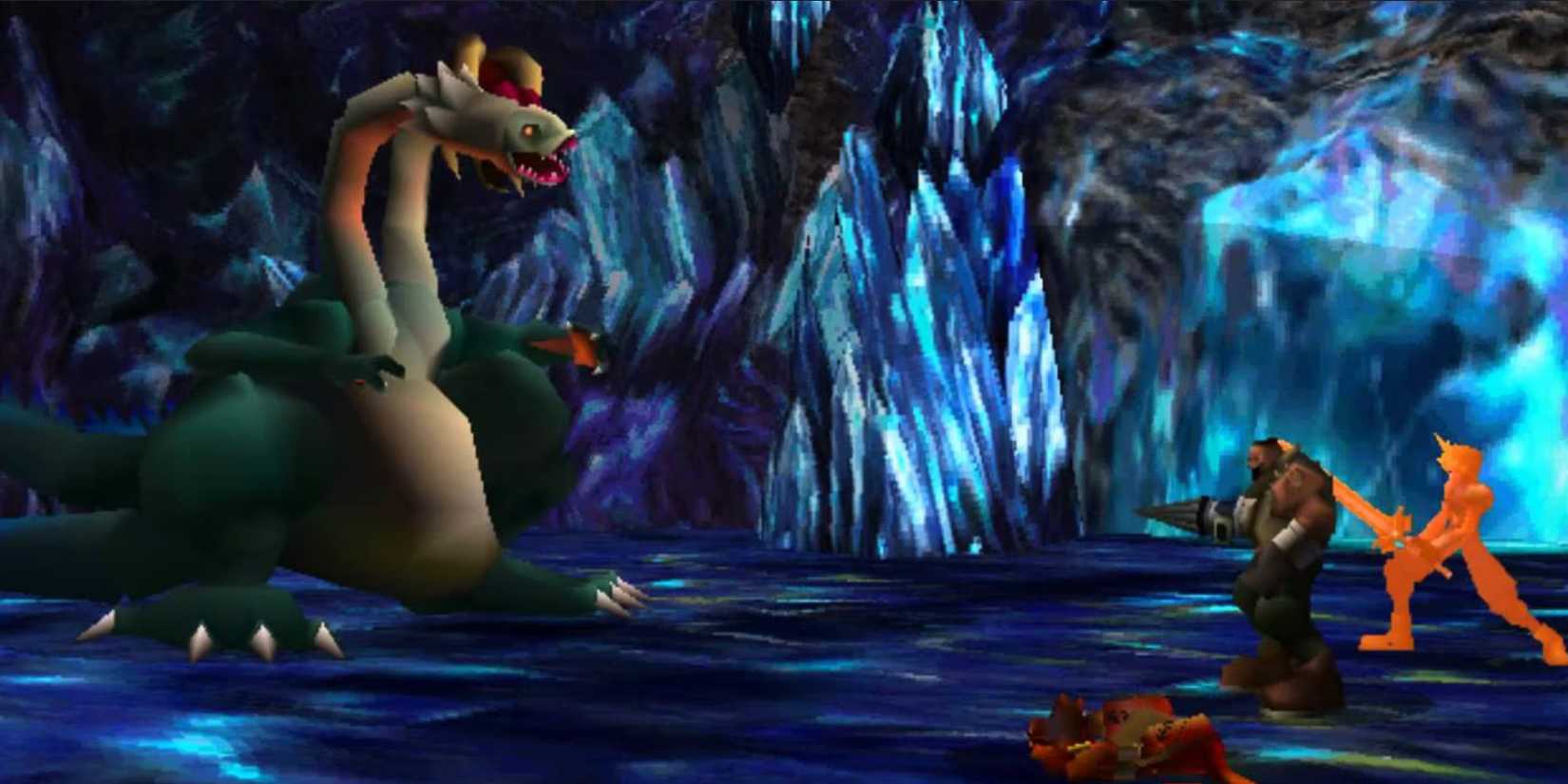 Red XIII, Barret, and Cloud battle Schizo in Final Fantasy 7