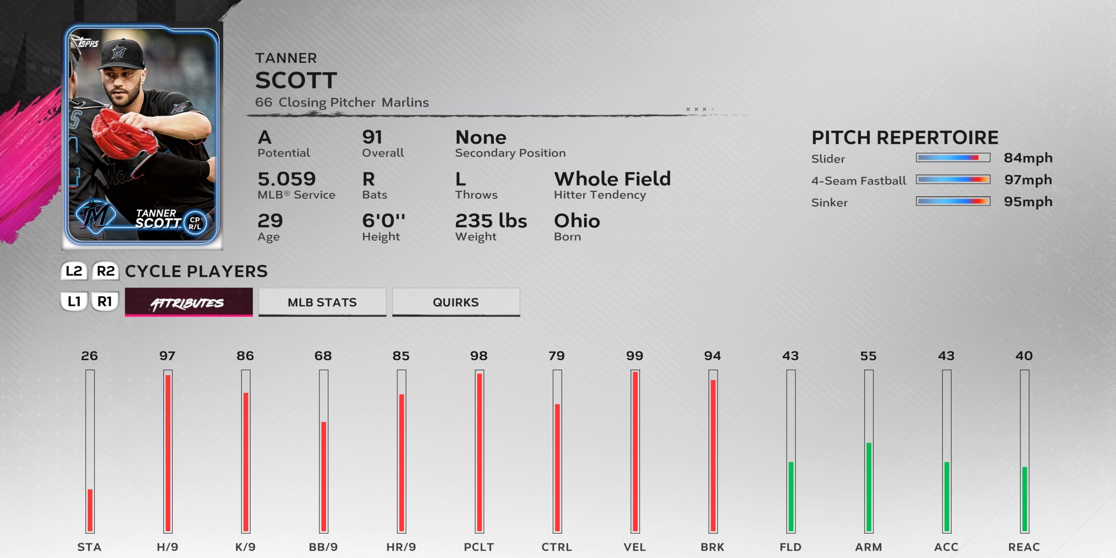 Tanner Scott, a closing pitcher in MLB The Show 24