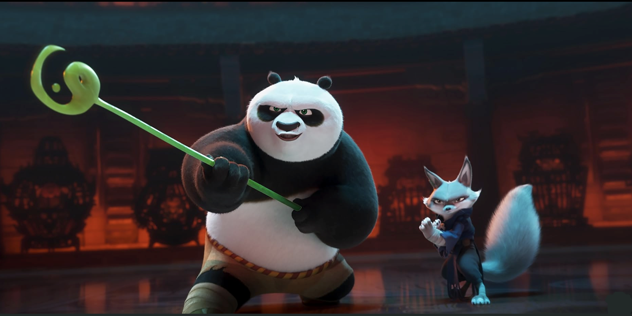 Po with jade staff and Zhen ready to fight