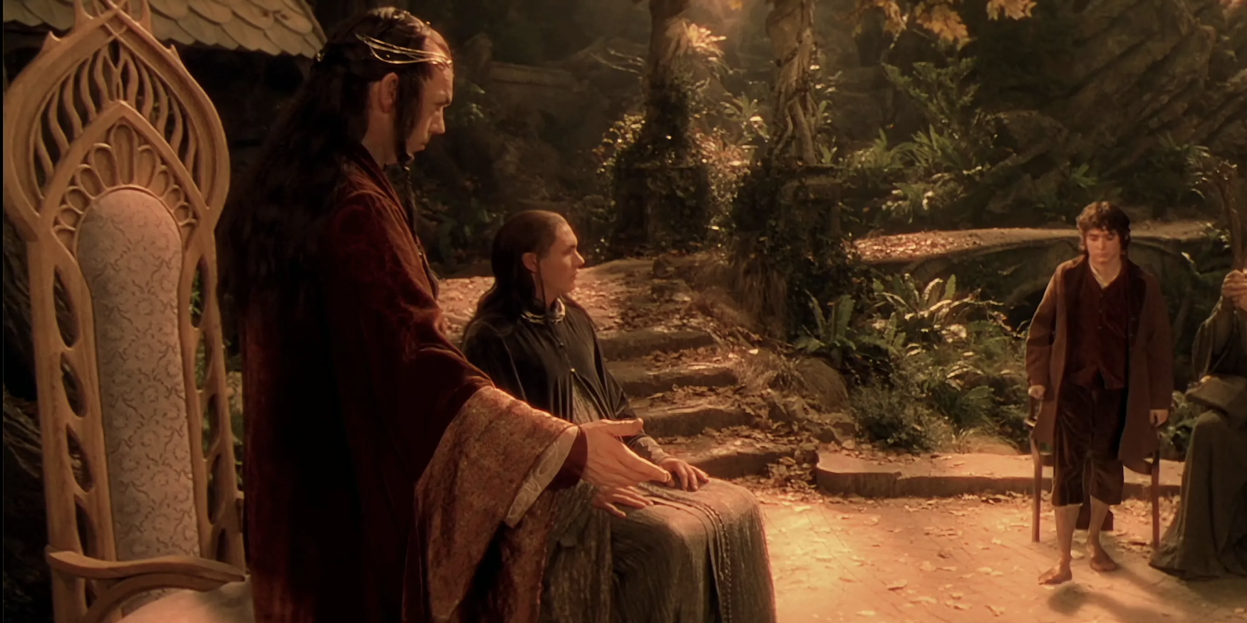 Elrond standing, Erestor sitting, Frodo walking forward