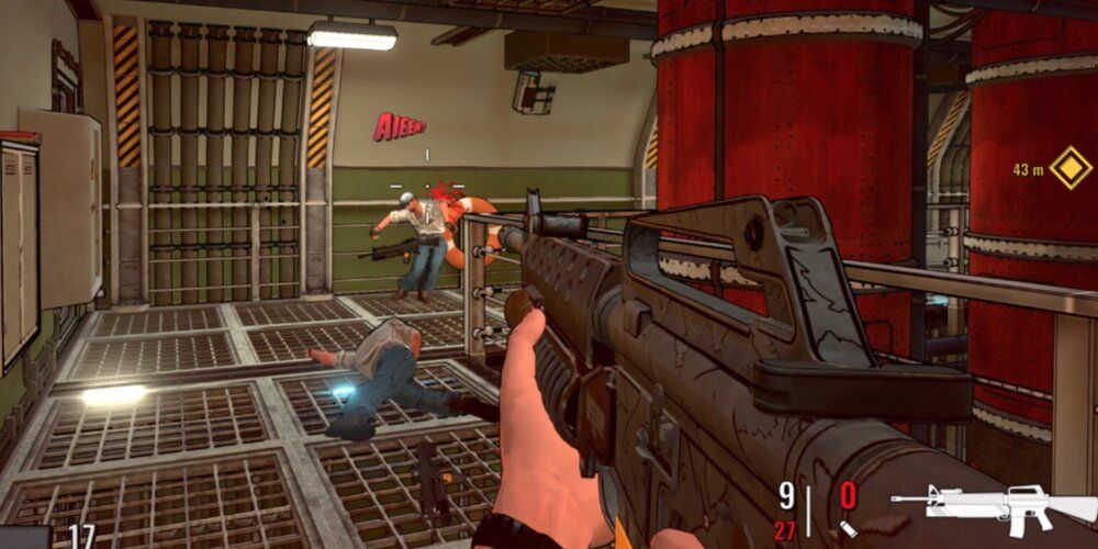 Player aiming an assault rifle at an enemy 