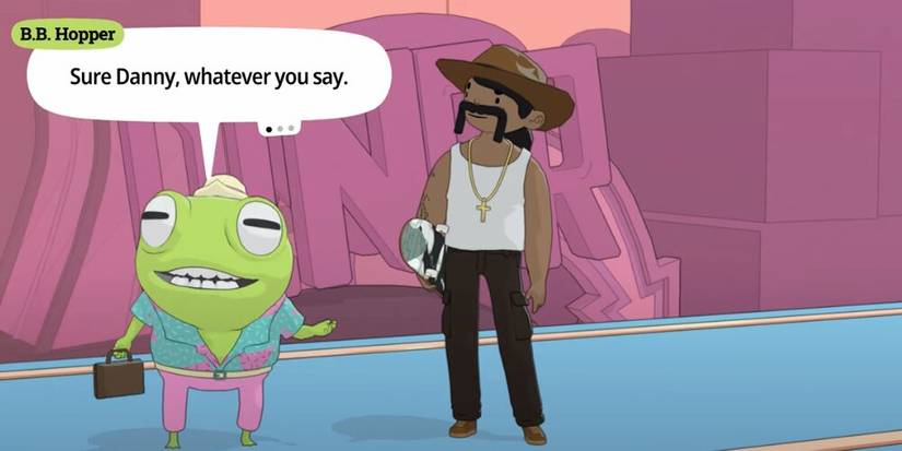 Small green alien talking to Danny Trejo with a pink mountain in the background 