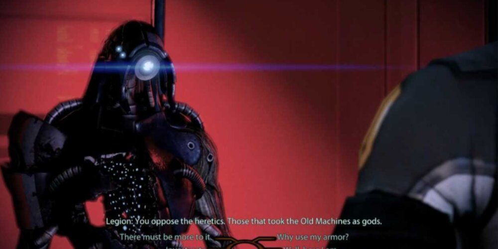 Legion speaking with Shepard in a red room 
