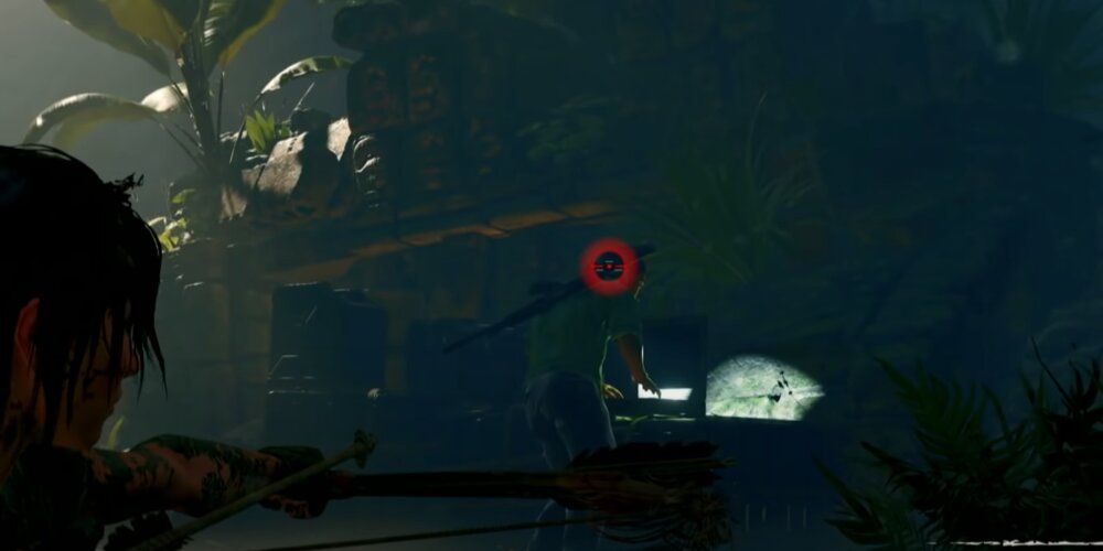 Lara aiming her bow at a soldier's head 