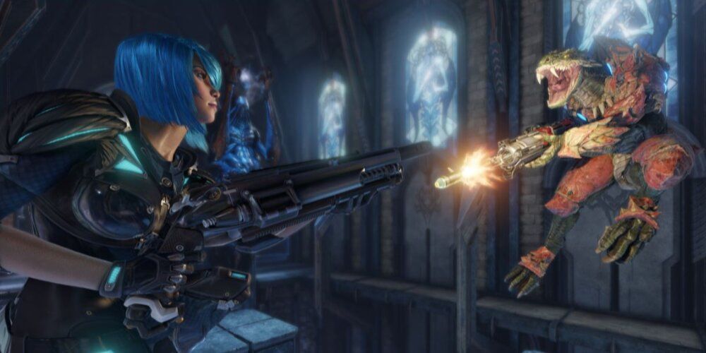 Blue haired soldier firing an energy weapon at a lizard humanoid enemy in armor 
