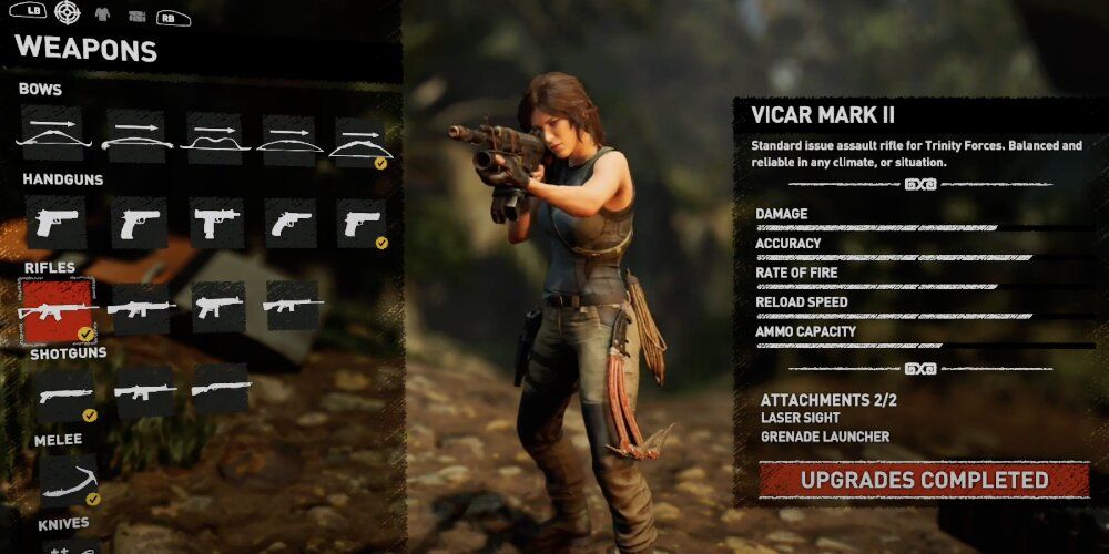 Lara aiming the Vicar Mark 2 assault rifle 