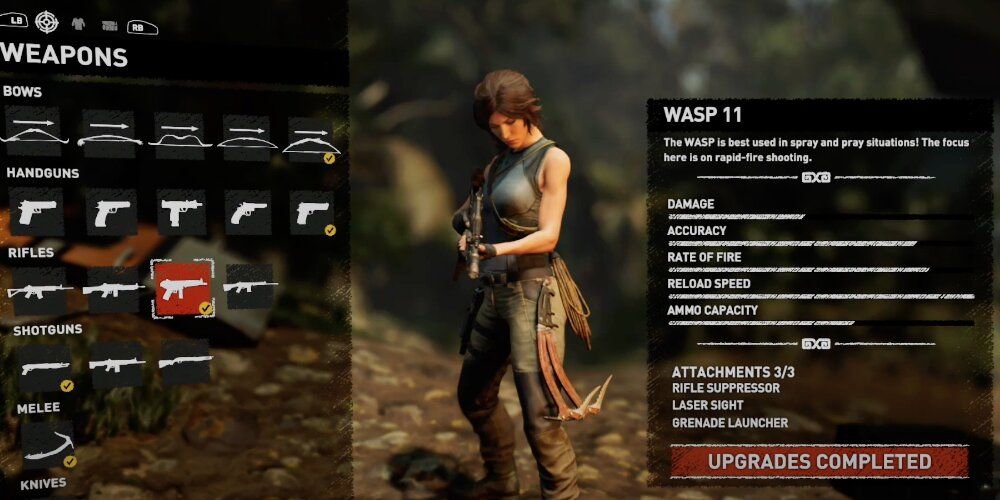 Lara aiming the WASP 11 SMG