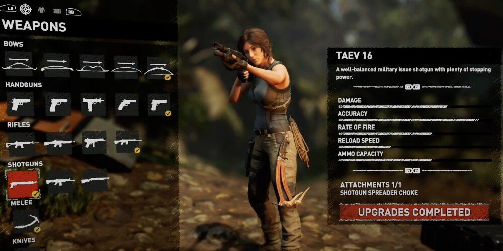 Lara aiming the Taev 16 shotgun 