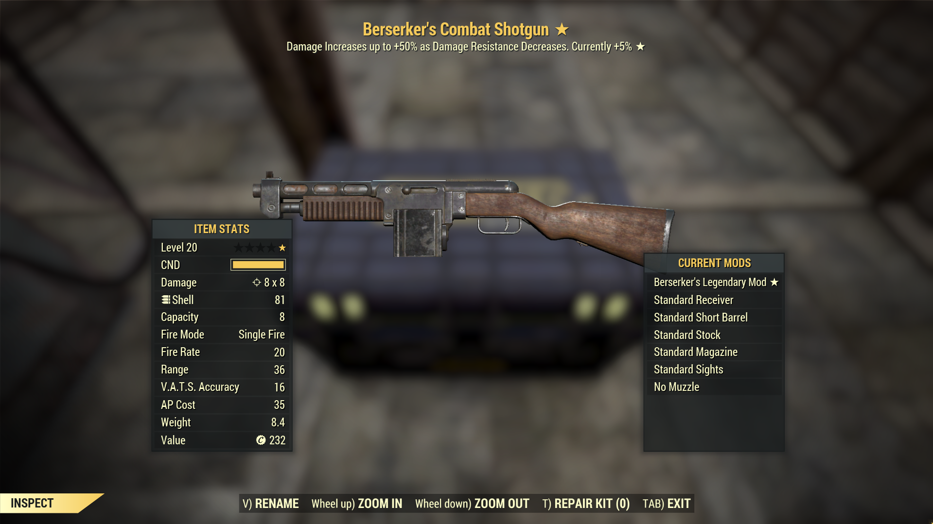 A legendary combat shotgun in Fallout 76