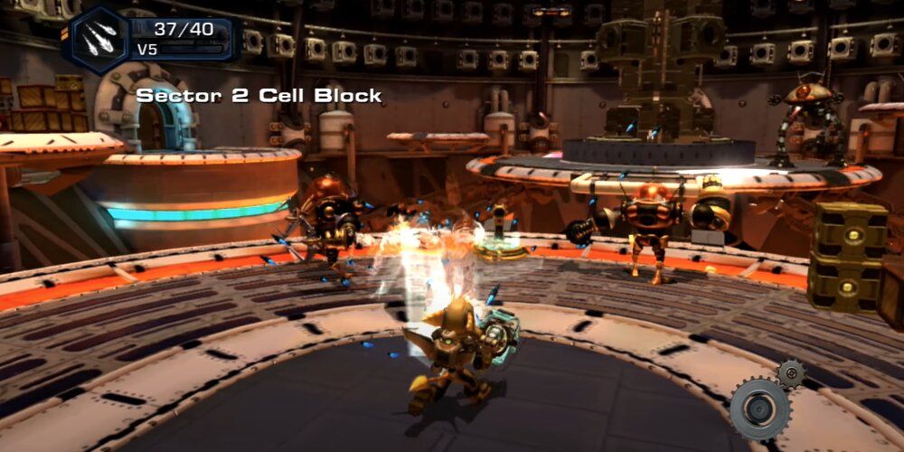 Ratchet firing a large cannon at a horde of robot enemies 
