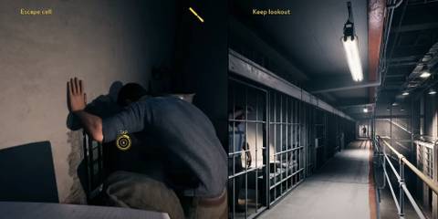 One player digging a hole in a wall while the other watches out for guards from a cell in A Way Out