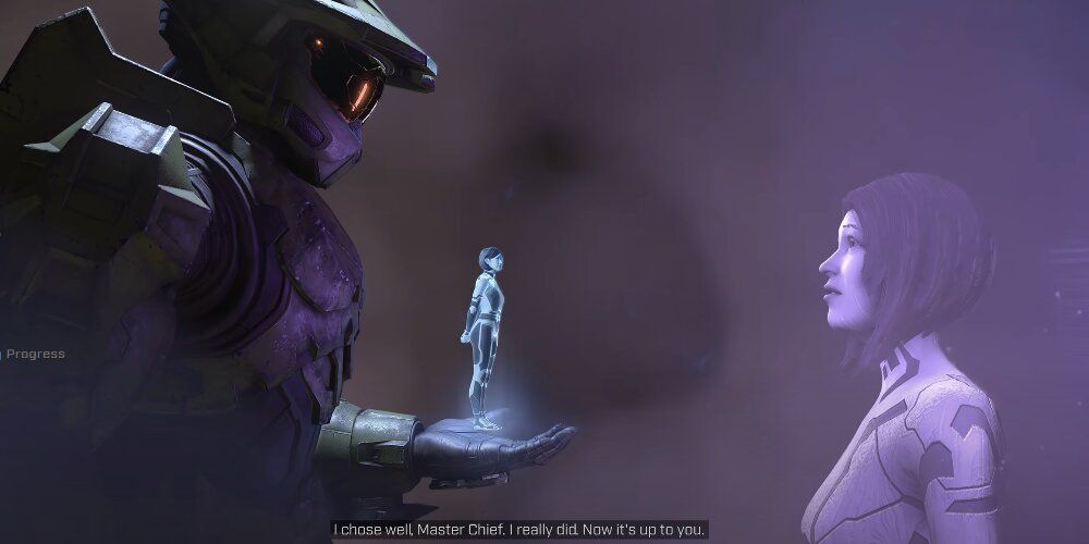 Master Chief talking to Cortana with the Weapon in his hand 