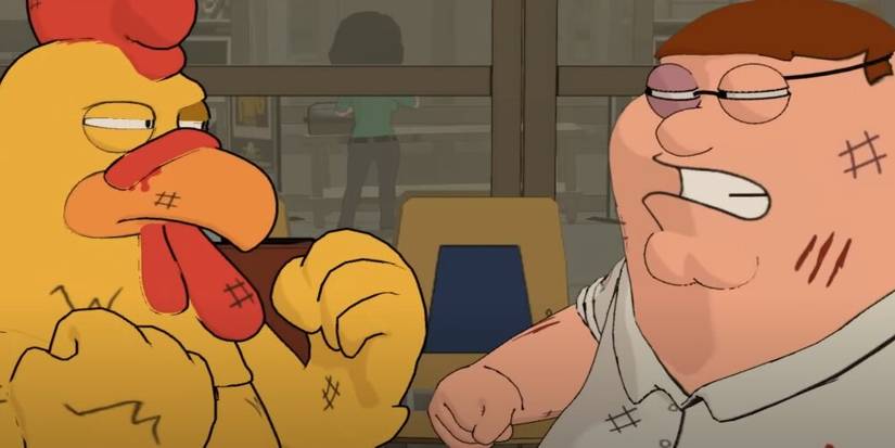 Giant Chicken and Peter both looking beaten up 