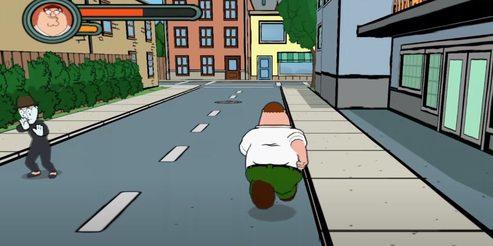 Peter running into an invisible wall with a mime to the left of the screen in Family Guy Video Game!