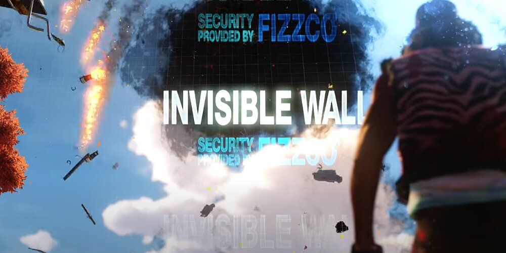 Man looking at a literal "Invisible Wall" in Sunset Overdrive 
