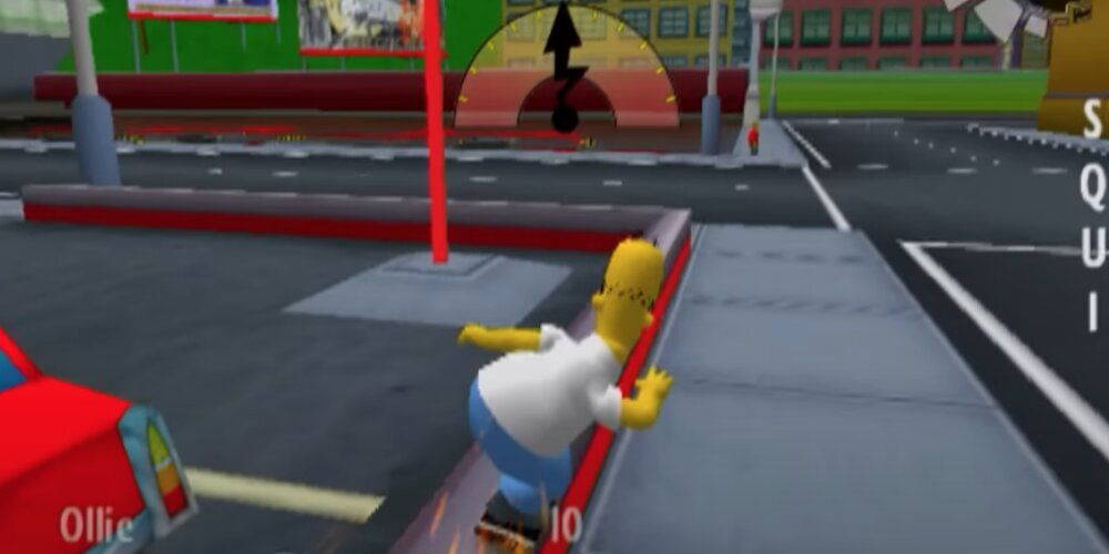 Homer grinding on a rail with a style meter at the top 