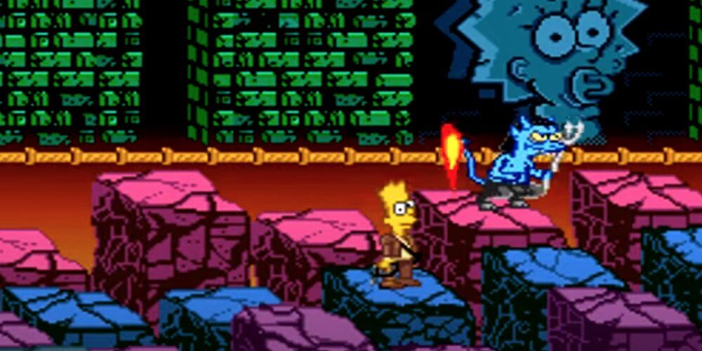 Bart standing in a room of multi coloured blocks with a small demon enemy in the background 