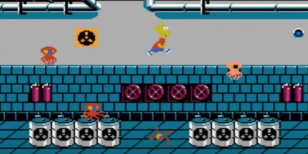 Bart jumping between enemies in a radioactive lab 