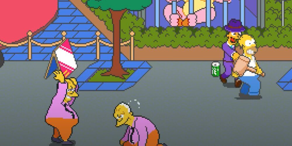 Homer surrounded by enemies in the middle of a street 