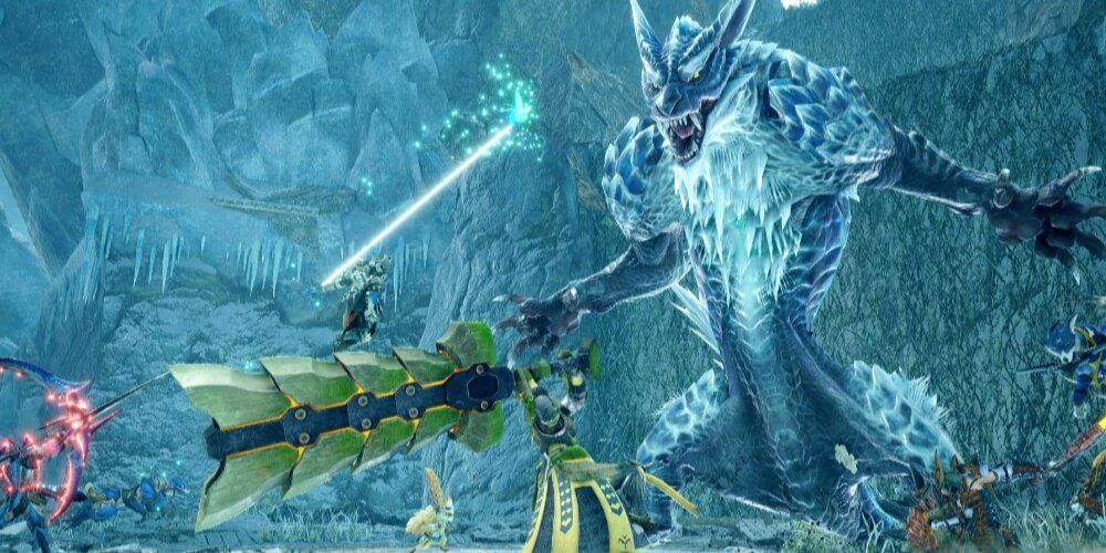Four monster hunters battling a large ice wolf-like monster in a icy environment 